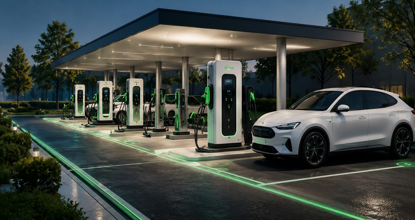 Electric car charging at a solar-covered charging station