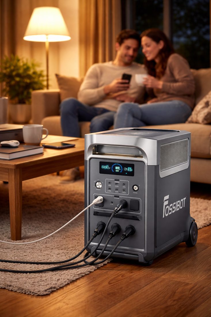 Fossibot power station running devices in a living room
