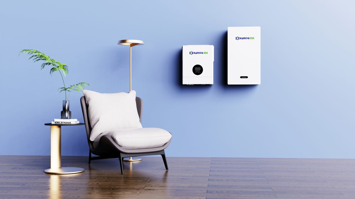 Hanchu hybrid inverter and wall battery in a living room