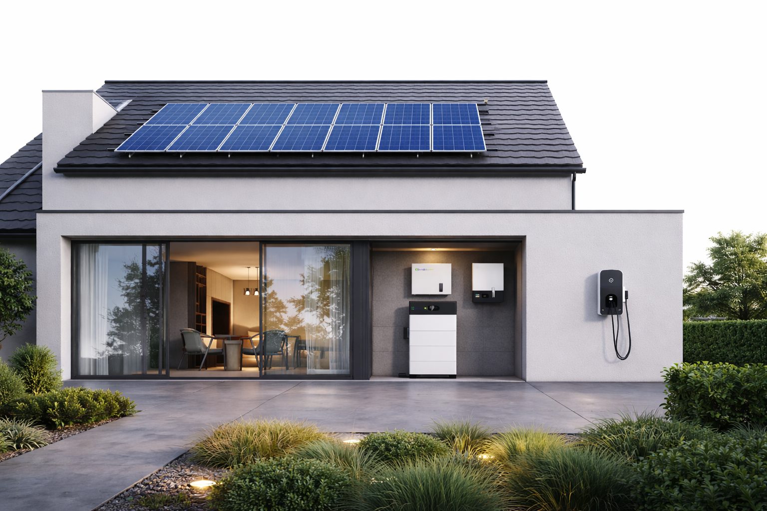 Modern home with solar panels, a wall battery and an EV charger