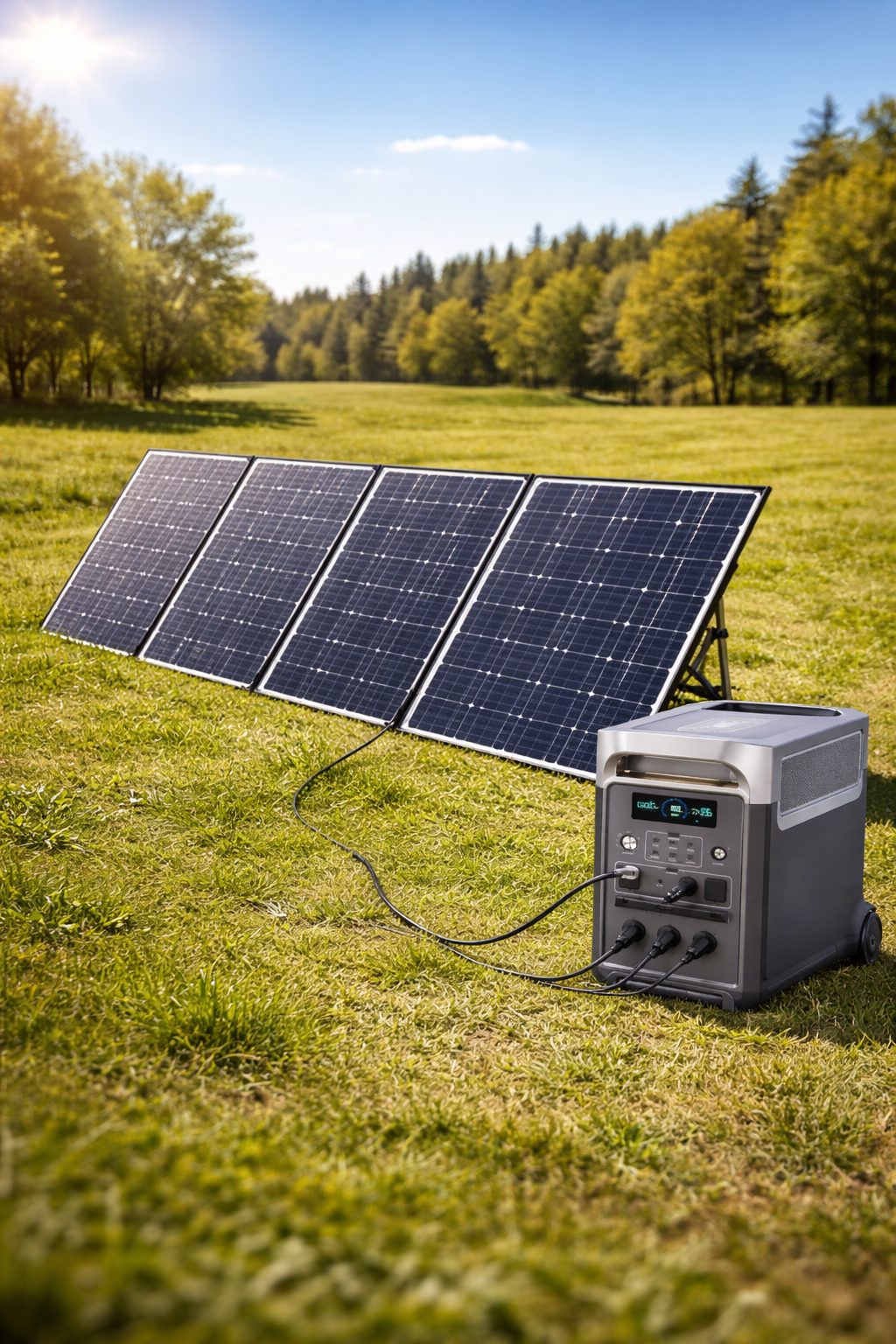 Portable power station charging from folding solar panels in a field