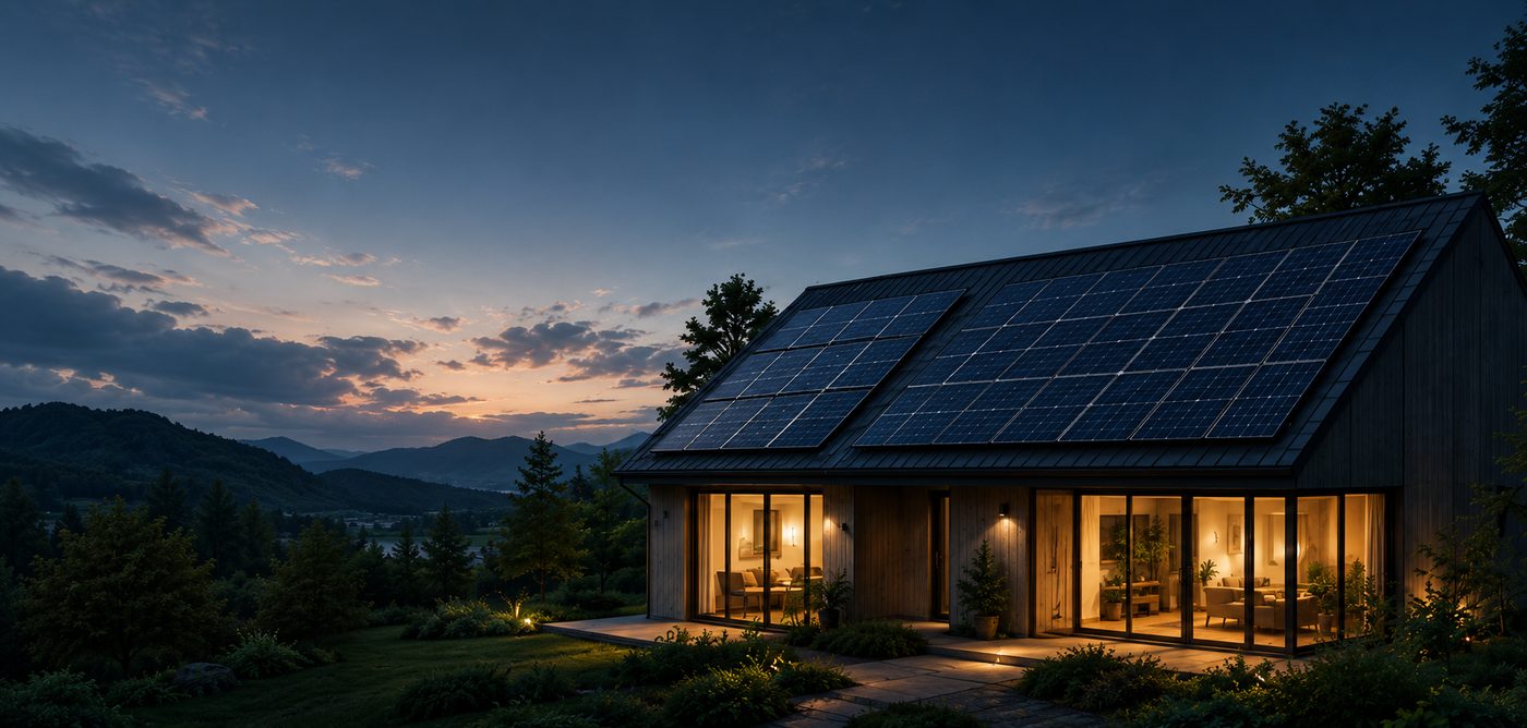 Home with rooftop solar panels at dusk