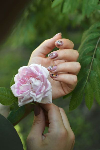 Mauve nails holding a pink rose
