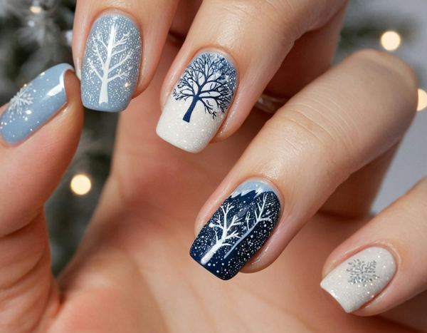 Blue and white nail art with hand-painted winter trees