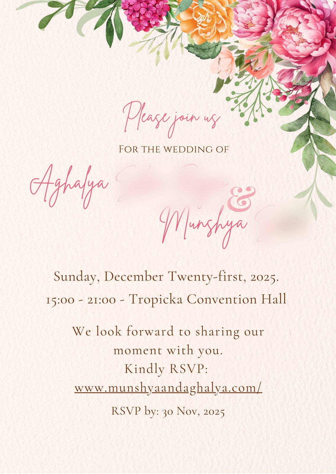 The wedding invitation, framed by watercolour peonies: Please join us for the wedding of Aghalya and Munshya, Sunday, December twenty-first, 2025. RSVP by 30 November 2025.