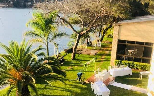 The venue at Tiffany's Canyon: a lawn with white tables, palm trees and the water beyond